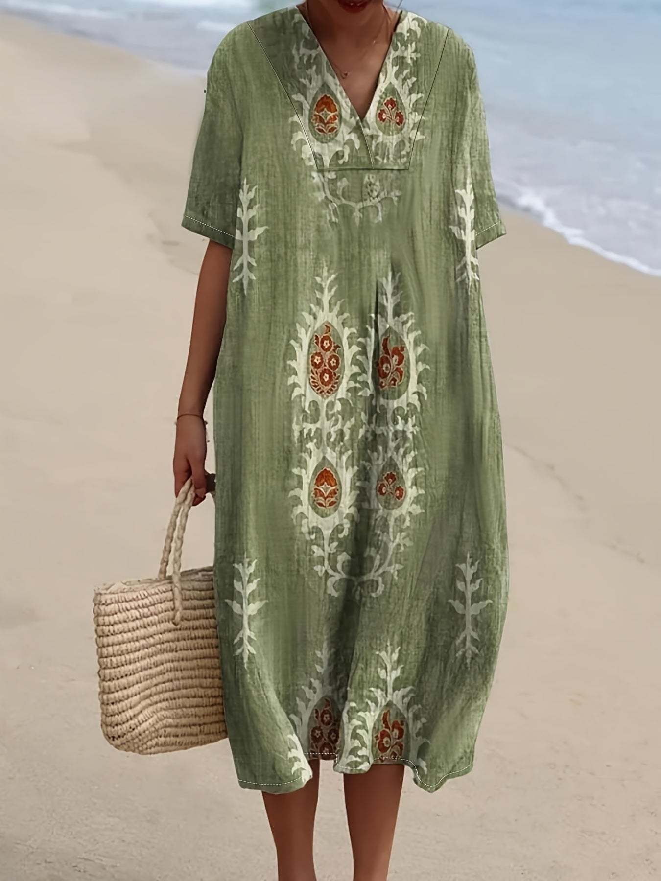 Boho Midi Klänning Dam - Naturlig Elegans för Sommarens Dagar