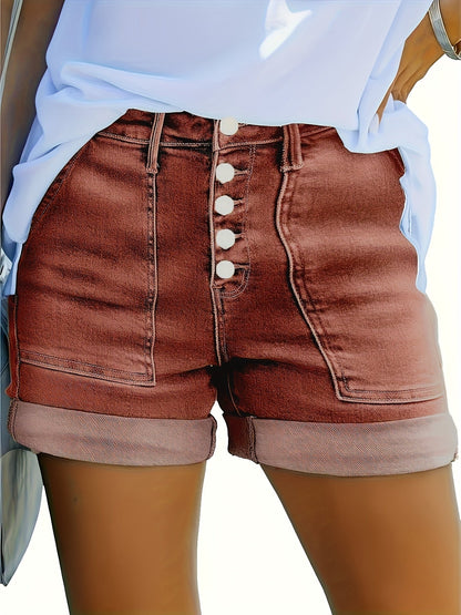 Thelma Högmidjade Denimshorts - Stiliga Knappdetaljer & Optimal Komfort