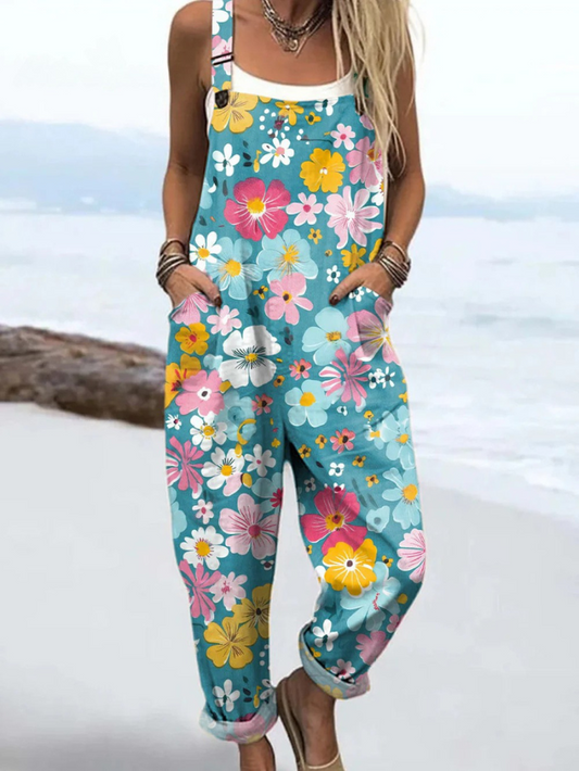 Kvinnooverall - Bekväm Vintage Jumpsuit Med Blommönster och Fickor