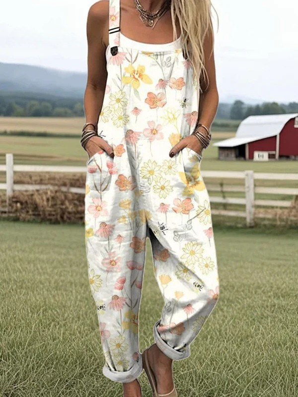 Kvinnooverall - Mjuk Vintage Blommönstrad Jumpsuit För Bekväm Stil
