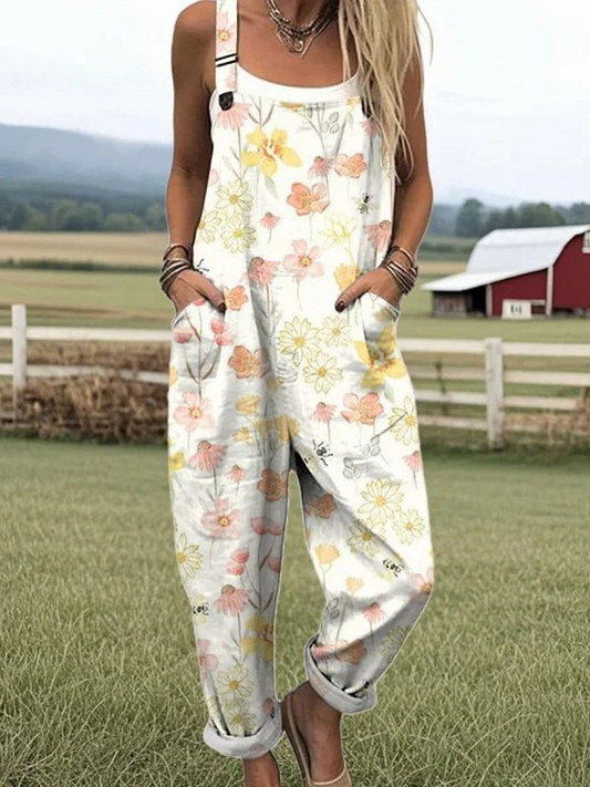 Kvinnooverall - Mjuk Vintage Blommönstrad Jumpsuit För Bekväm Stil