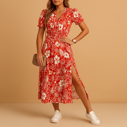 Nina Maxi-Jurk För Damer - Elegant V-Hals, Trendig Split & Komfortabel Passform