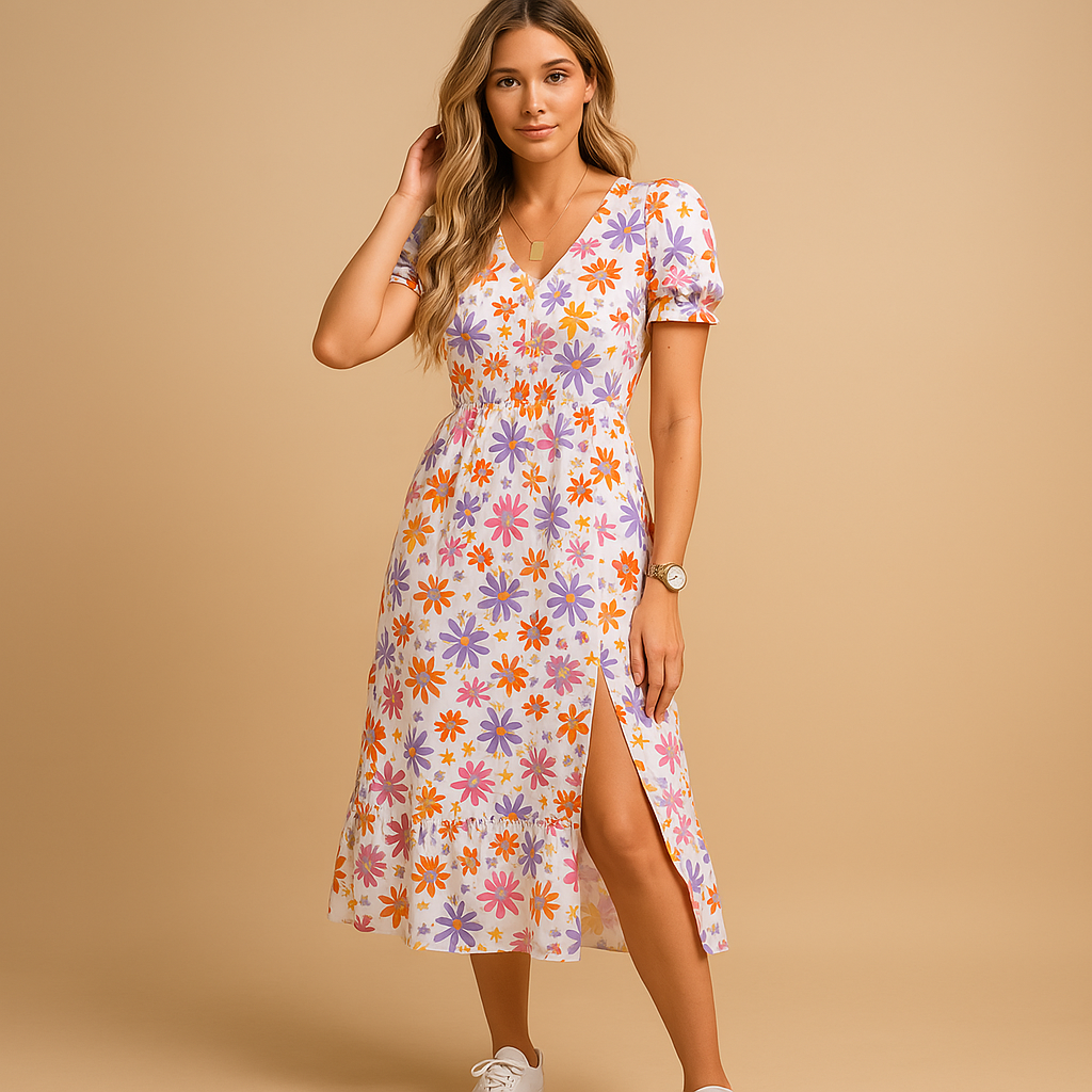Nina Maxi-Jurk För Damer - Elegant V-Hals, Trendig Split & Komfortabel Passform