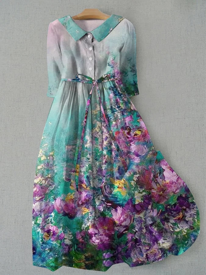 Tessa Klänning - Vintage Blommigt Mönster, Justerbar Snörning i Midjan, Sommarklänning för Dam