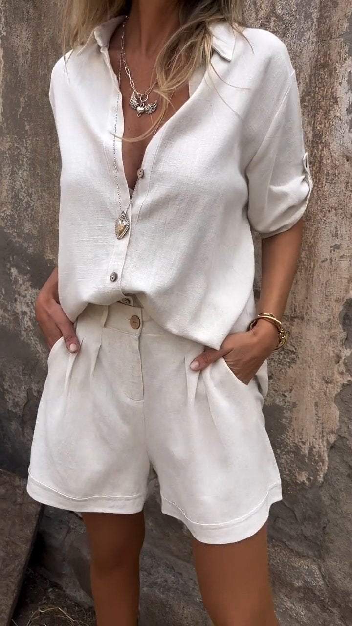 Elva Tvådelat Set Dam - Avslappnad Passform med Klassisk Krage och Shorts
