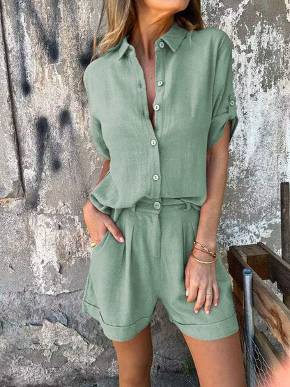Elva Tvådelat Set Dam - Avslappnad Passform med Klassisk Krage och Shorts