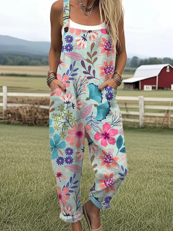 Vintage Blommig Jumpsuit - Bekväm och Andningsbar för Varma Dagar
