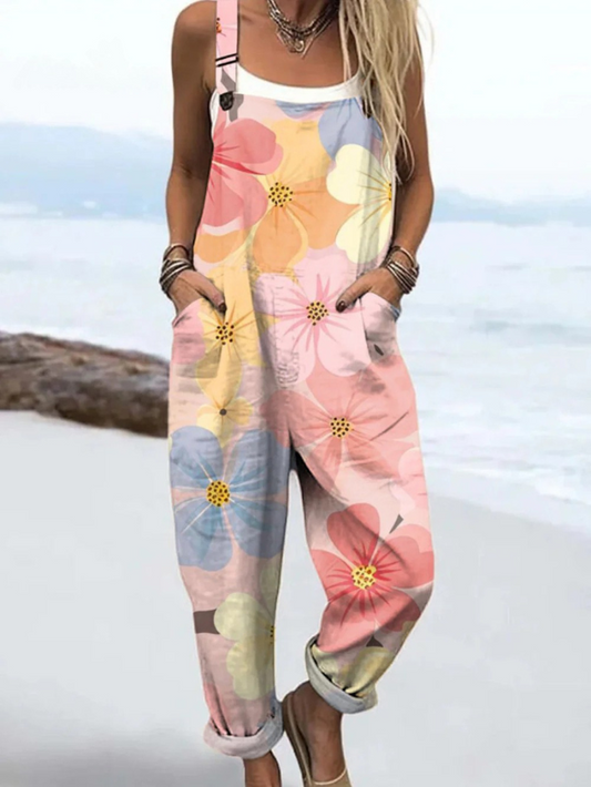 Vintage Jumpsuit - Bredbenad Design Med Blommönster För Varmt Väder